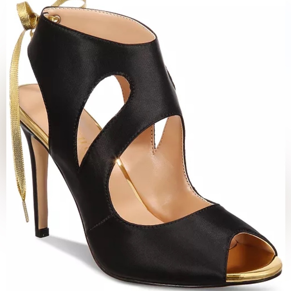 Things II Come Women’s Cutout Ribbon Heels Black Open-Toe Dress Sandals shoes 12